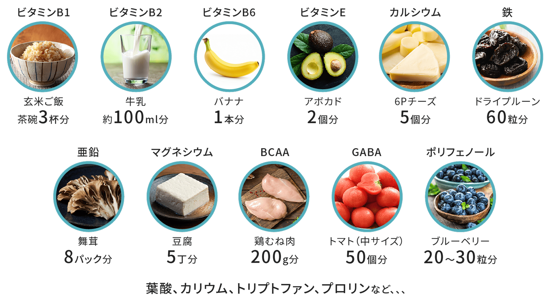 ビタミンB1 玄米ご飯 茶碗3杯分、ビタミンB2 牛乳 約100ml分、ビタミンB6 バナナ1本分、ビタミンE アボカド2個分、カルシウム 6Pチーズ5個分、鉄 ドライプルーン60粒分、亜鉛 舞茸8パック分、マグネシウム 豆腐5丁分、BCAA 鶏むね肉200g分、GABA トマト中サイズ50個分、ポリフェノール ブルーベリー20から30粒分。葉酸、カリウム、トリプトファン、プロリンなど。