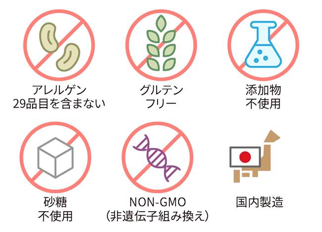 アレルゲン29品目を含まない、グルテンフリー、添加物不使用、砂糖不使用、NON-GMO 非遺伝子組み換え、国内製造