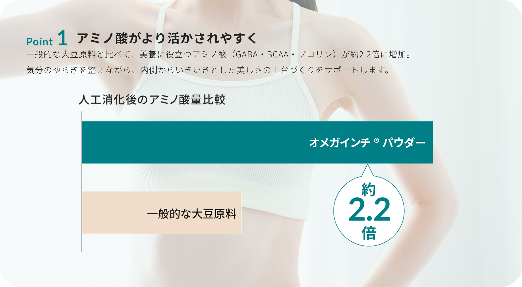 Point 1 アミノ酸がより活かされやすく。人工消化後のアミノ酸量比較でオメガインチ®パウダーは一般的な大豆原料の約2.2倍